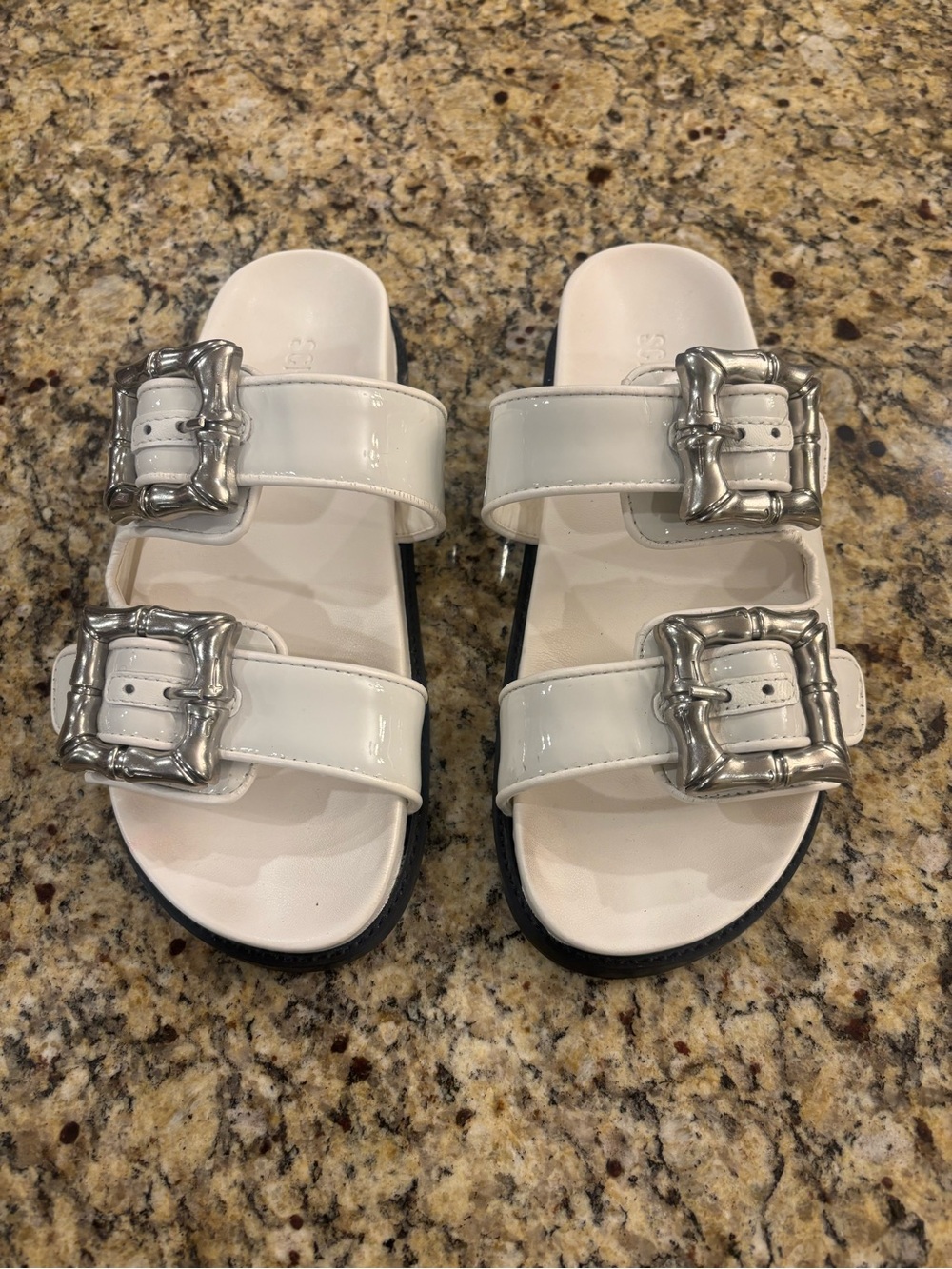 Schutz White Patent Double-Buckle  Slide Sandals